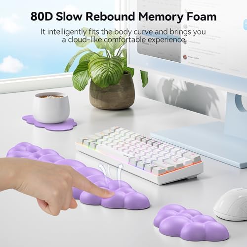 TECKNET Cloud Keyboard Wrist Rest Set, Cloud Wrist Rest with Non-Slip Base, PU Leather Wrist Pad for Keyboard with Ergonomic Memory Foam for Computer Laptop Office Gaming and Pain Relief, Purple - Image 3