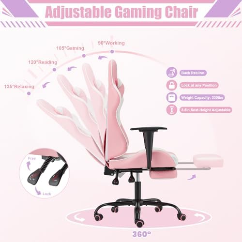 ECOTOUGE Pink-White Ergonomic PC Massage Gaming Chair | Reclining Racing PU Leather, Swivel Rocker, Headrest, Lumbar Pillow, Office Desk Chair, Adjustable Height, Sturdy Base - Image 4