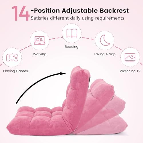 Moccha 14-Position Floor Chair, Folding Sofa Chair with Back Support, Memory Foam Floor Gaming Chairs for Adults, Adjustable Padded Couch Recliner Sleeper Bed for Reading, Meditating, Pink - Image 5