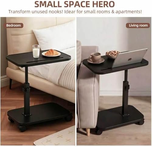 Adjustable TV Tray Side Table 360°Swivel Rolling, Black - Image 7
