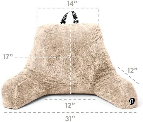 Nestl Fur Reading Pillow, Stylish Back Pillow for Bed Sitting Up, Faux Fur Bed Chair Pillow with Arms, Reading Pillows for Sitting in Bed Adult & Kids, Sit Up Back Support Pillow for Bed Rest - Linen - Image 3