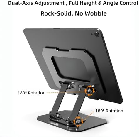 360° Rotatable Metal Tablet Stand, Adjustable Folding Desktop Stand for iPad/iPhone/Switch, Universal Use for Office/Movie/Studying/Drawing/Gaming, Black - Image 2