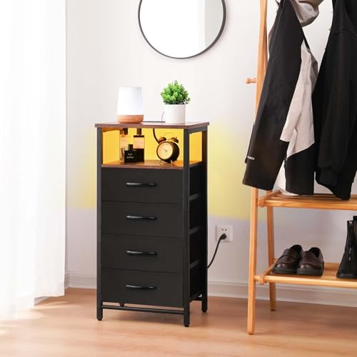 Yoobure Night Stand - LED Nightstand with Charging Station, Tall Nightstand for Bedroom, Bedside Table with 4 Fabric Storage Drawers and Storage Shelf, End Table with USB Ports and Outlets - Image 2