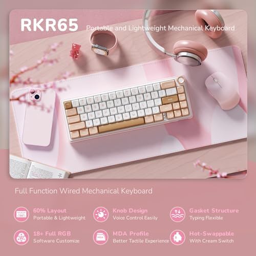 RK ROYAL KLUDGE R65 Wired Mechanical Keyboard with Volume Knob, 60% Percent RGB Backlit Gasket Mount Gaming Keyboard with PBT Keycaps, MDA Profile, QMK/VIA, 66 Keys Hot Swappable Cream Switch, Pink - Image 2