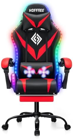 LED Gaming Chair with Speakers RGB Lights Massage Computer Chairs-Red | Bluetooth Game Chairs for Adults;Ergonomic High Back Video Game Chair; Reclining Gamer Chair with Footrest Lumbar Support by HOFFREEOfficial