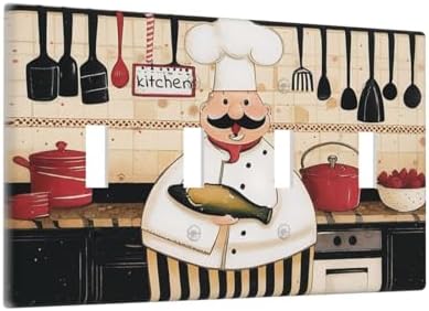Decorative Switch Plate Covers Cartoon Fat Happy Chef Cook 4 Gang Light Switch Cover Plate Quad Toggle Wall Plate 4 Hole Electrical Switchplatedimmer Faceplate for Farmhouse Kitchen Decor - Image 2