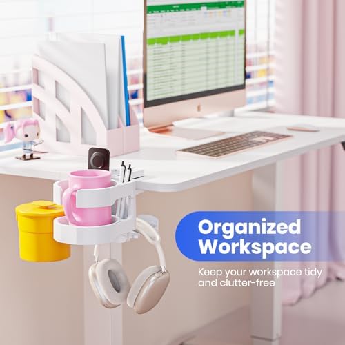 7-in-1 Cup Holder - EURPMASK Desk Organizer with Headphone, Controller Holder, Snack Bucket, and Phone Holder, Clamp-On Desk Accessory with Sturdy Large Storage, Easy to Install, White - Image 5
