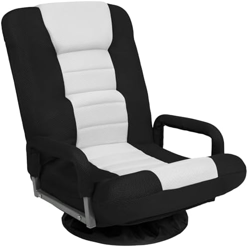 Best Choice Products Swivel Gaming Chair 360 Degree Multipurpose Floor Chair Rocker for TV, Reading, Playing Video Games w/Lumbar Support, Armrest Handles, Adjustable Foldable Backrest - Black/White by Unknown