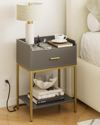 Masupu Nightstand with Charging Station,3-Tier Modern Bedside Night Stand with Storage Drawer and Shelf,Small End Side Table for Bedroom,Living Room,Grey by Masupu