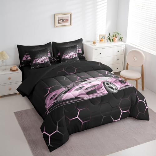 Feelyou Race Car Queen Comforter Set with Sheets for Kids Boys Girls Honeycomb Speed Sports Car Bed in a Bag Pink Extreme Sports Bedding Set 7 Piece Bedroom Decor Hexagon Theme Bed Set - Image 2
