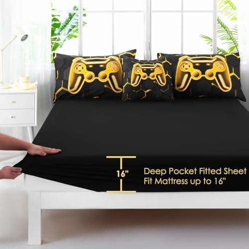 6 Pieces Gamer Comforter Set Full Size 3D Game Console Kids Bedding Set for Boys Black and Gold Gaming Comforter Set with Sheets Gamepad Printed Teen Boy Bed Sets (Gold, Full) - Image 6