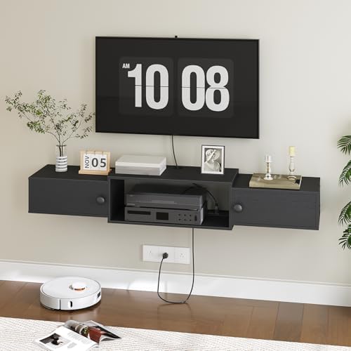 HOOBRO 55" Floating TV Stand with Power Outlets, Modern Wall Mounted Media Console Shelf with Doors, Entertainment Center for Under TV Storage, for Living Room, Bedroom, Black BK11UDS01 - Image 3