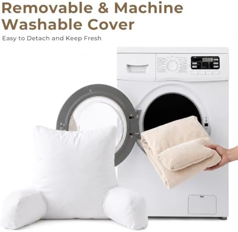Reading Pillow for Bed with Detachable Neck Roll and Shredded Memory Foam, Back Pillow with Arms for Sitting Up, Washable Bed Rest Pillow with Side Pocket for Gaming, Sofa, Dorm - Beige - Image 5