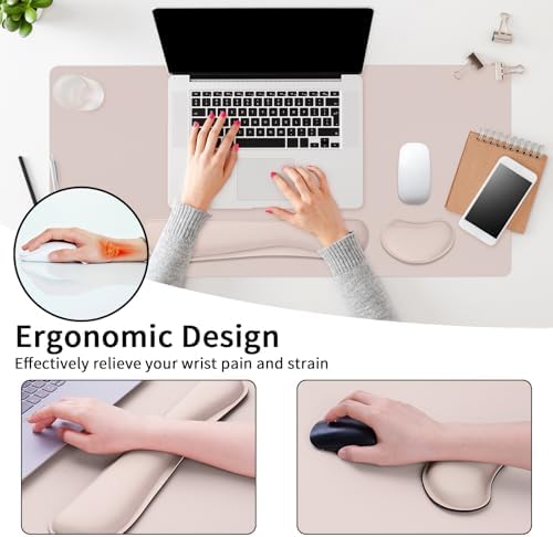Desk Mat Set， Wrist Rest for Computer Keyboard, 3-in-1 Large Mouse Pad and Keyboard Wrist Rest Set, Non-Slip Desk Mat Protector for Office, Home(27.5×13.8 Inches, CreamPI) - Image 3