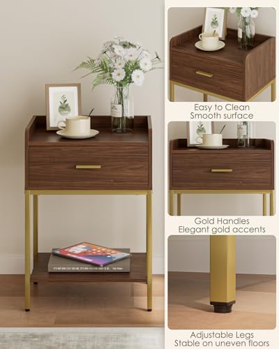 Masupu Nightstand, 3-Tier Modern Bedside Night Stand with Storage Drawer and Shelf, Small End Side Table for Bedroom, Living Room, Walnut - Image 5