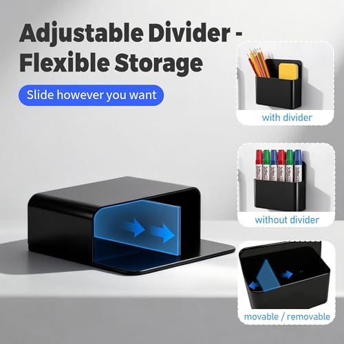 2 Pack Magnetic Pen Holder for Refrigerator & Whiteboard, Full-Back Magnet Dry Erase Marker Holder with Adjustable Divider, Magnetic Marker Holder for White Board Office Desk Locker Accessories, Black - Image 4