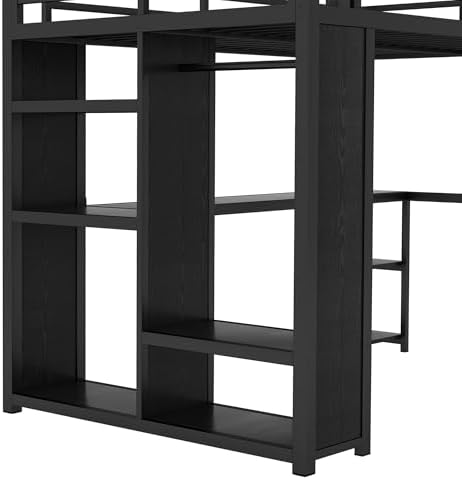 Bellemave Metal Full Size Loft Bed with Desk and Wardrobe,Heavy Duty Loft Bed Frame with Storage Shelves for Kids,Teens,Adults, Space Saving,Black - Image 6