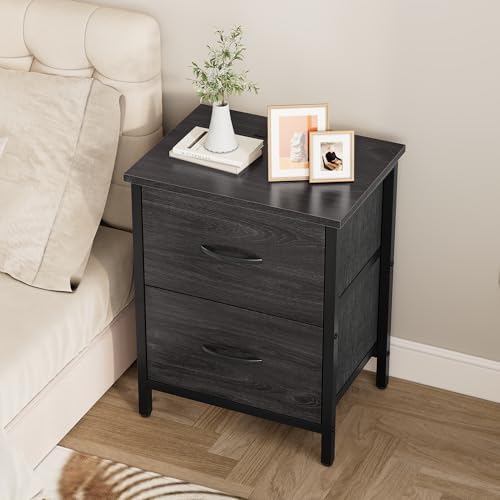 Vagusicc Nightstand Set of 2 with Charging Station, End Table Bedside Table with Power Outlet & USB Ports, Side Table with 2 Fabric Drawers for Bedroom, Living Room, Gray Walnut - Image 4