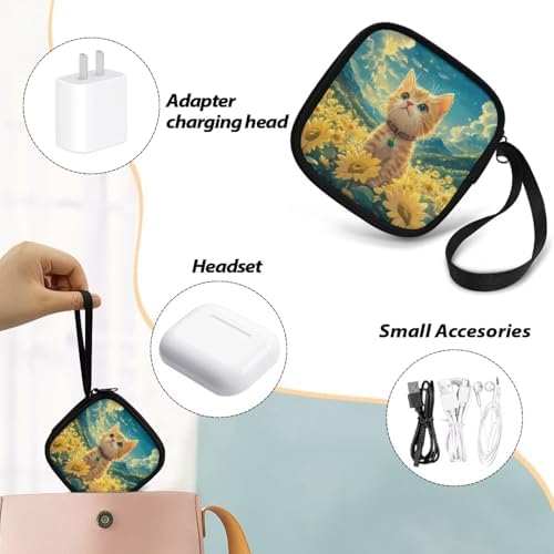 Cat Sunflower Earbuds Case Portable Earbuds Carrying Case, Portable Earphone Bags Phone Accessories Organizer with Handle for Earphone, in-Ear Headphones, Earbud - Image 6