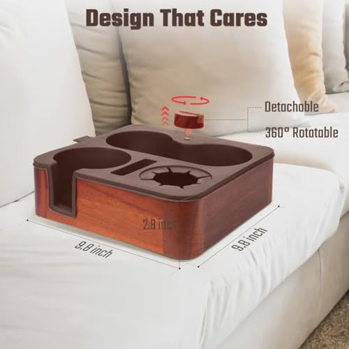 Couch Cup Holder Tray, Real Acacia Wooden Caddy with Soft Silicone, Snack and Drink Organizer- Perfect Movie Night Accessories for Bed, Remote and Cup Holders for Sofa (Coffee) - Image 4