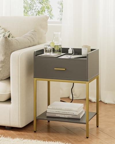 Masupu Nightstand with Charging Station,3-Tier Modern Bedside Night Stand with Storage Drawer and Shelf,Small End Side Table for Bedroom,Living Room,Grey - Image 6