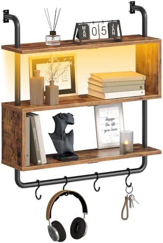 HOOBRO Floating Shelves with LED Lights, 29.5" LED Wall Mounted Gaming Shelf, 3-Tier Pipe Display Rack with Hanging Rod and 4 S-Hooks, for Storage Livingroom, Bedroom, Rustic Brown and Black BF21DBJ01 by HOOBRO