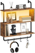 HOOBRO Floating Shelves with LED Lights, 29.5" LED Wall Mounted Gaming Shelf, 3-Tier Pipe Display Rack with Hanging Rod and 4 S-Hooks, for Storage Livingroom, Bedroom, Rustic Brown and Black BF21DBJ01 by HOOBRO