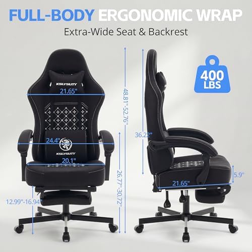 Gaming Chair Breathable Fabric with Pocket Spring Cushion, Wide and High Ergonomic Office Chair with Headrest, Computer Gaming Chair with Footrest for Adult and Teen (Black Fabric) - Image 2