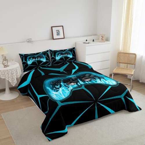 Feelyou Kids Game Console Comforter Set,3D Geometric Gaming Bedding Set Queen Size for Teens Boys,Blue and Black Gamer Comforter,Video Game Gaming Bed Set All Season for Game Lovers - Image 2