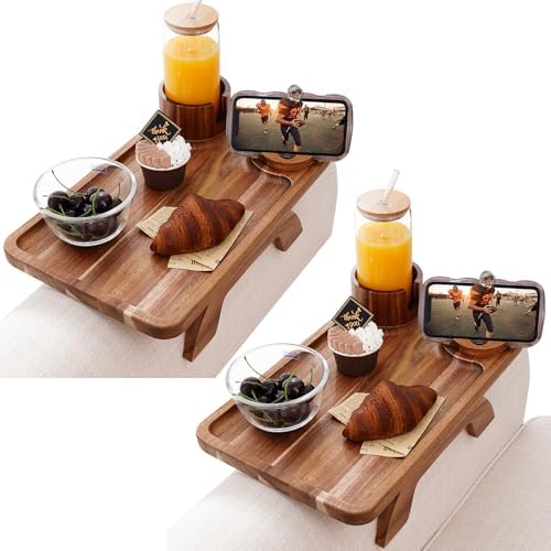 Nnewvante 2 Pack Couch Armrest Table, Acacia Wood Sofa Arm Clip On Tray by Nnewvante