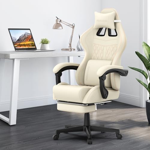 Ferghana Vintage PU Leather Gaming Chair, Ergonomic Gamer Chair with Massage, High Back Computer Office Chair with Footrest for Adults, Racing Style Reclining Video Game Chair (Beige) - Image 2