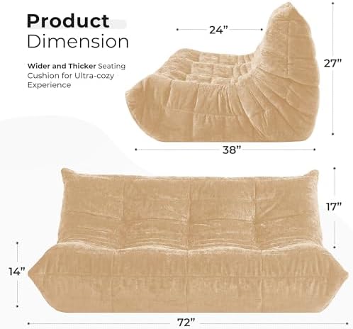HABUTWAY Giant Bean Bag Chairs Lazy Sofa for Adults,3 Seater,Khaki | 3 Seater Fireside Chair, Memory Foam Lazy Large Floor Bean Bag Sofa for Living Room, Bedroom, Dorm, Office - Image 2