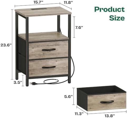 Huuger Night Stand with Charger Station and LED Lights, 2 Drawer Nightstand - Image 3