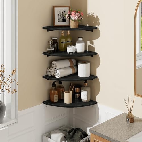 Homode Corner Shelf Wall Mount, 4 Tier Rounded Corner Floating Shelves, 12 Inch Deep Hanging Corner Shelf Storage, Wood Corner Wall Shelving for Living Room Bedroom Bathroom Kitchen, Black - Image 2