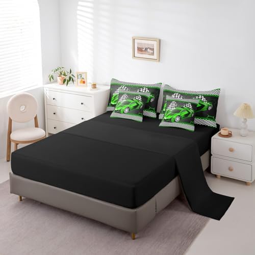 Feelyou Race Car King Comforter Set with Sheets for Kids Boys Black White Checkered Flag Print Bed in a Bag Extreme Sports Bedding Set 7 Piece Honeycomb Speed Sports Car Green Bed Set - Image 4