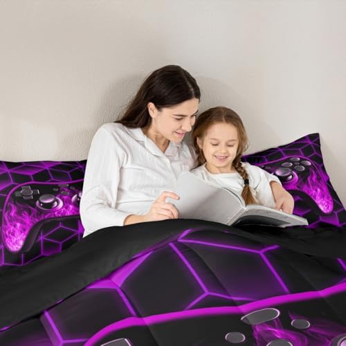Purple Gaming Comforter Sets for Boys Gamer Gifts,Neon Geometric Toddler Bedding Sets for Boys,3D Geometric Kids Comforter Set Flame Gaming Consoles Decor Boy Bedroom Decor - Image 3
