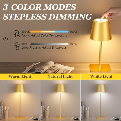 Kakanuo Gold Cordless Rechargeable Table Lamp 5000mAh Battery Operated Lamps, 3 Colors Stepless Dimming Touch Lamp for Living Room, Kitchen Counter, Dining, Outdoor Patio, 2 Pack - Image 2