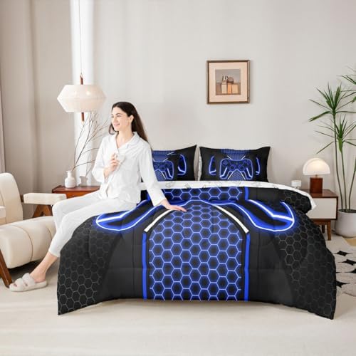 Feelyou Blue and Black Bedding Set Queen Size Gamer Comforter Set with Sheets 7 piece Game Controller Bed in a Bag Teens Decor Honeycomb Bed Set with Comforter,Sheets,Pillowcases & Cushion Covers - Image 6