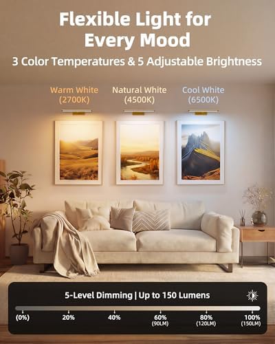 EZVALO Picture Light for Wall, 4800mAh Rechargeable Wireless Remote, 13'' Dimmable Magnetic LED Art Display Light with 3 Color Temperatures, for Gallery, Living Room, Bedroom, Hallway (Gold) - Image 6