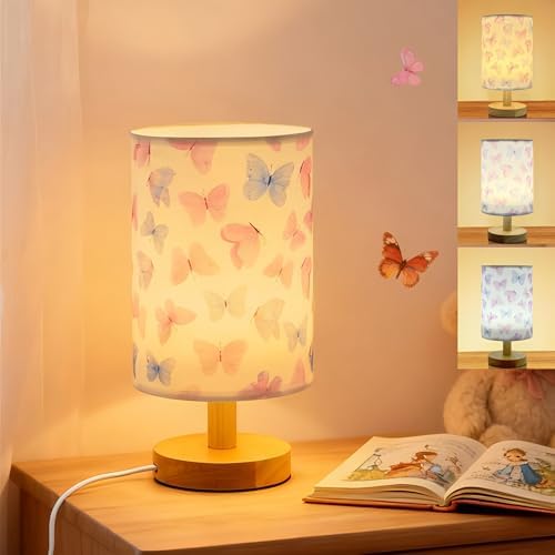 Butterfly Kids Table Lamp for Bedroom,Kids Bedside Lamps 3 Colors Dimmable Nightstand Night Light with Cartoon Flaxen Fabric Shade Desk Lamp for Girls Boys Room Nursery Decor,Butterfly Gifts for Girls by Unknown
