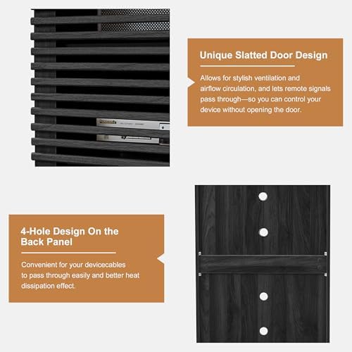 LEVNARY 5-Tier AV Media Cabinet with Grille Door, Modern Wooden Stereo Rack with Adjustable Shelves & Wheels, Audio Video Cabinet for Living Gaming Room Recording Studio (Black) - Image 5