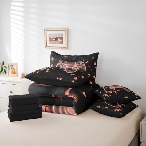 Erosebridal Queen Size Gamer Bedding Set 7 Piece for Boys Kids | Gaming Comforter Set Video Games Bed in A Bag with Flat and Fitted Sheet, Blush Pink Gamepad Bedding Comforter Sets - Image 5
