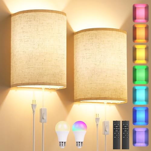 Plug in Wall Sconces Set of Two: Wall Lights with 7 RGB Colors - 3 Color Temperature Wall Mount Lamps with Remote - Fabric Linen Wall Sconc for Bedroom Living Room & Hallway- Indoor Corded Wall Sconce by Yunaking
