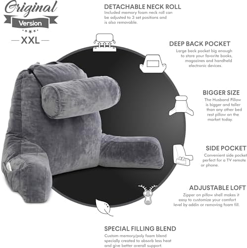 Husband Pillow XXL The Original for Adults - 30" Tall Backrest for Sitting Up in Bed - Firm Support Reading & Bed Rest Pillows for Adults, Neck Roll, Removable Cover - TV - Dark Grey - Image 5