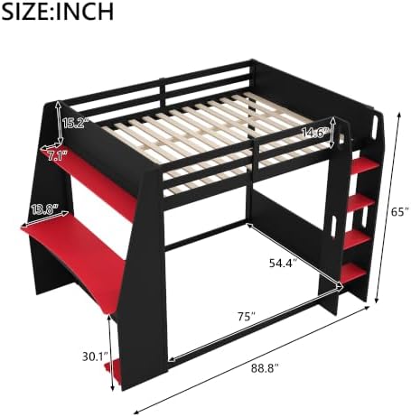 Merax Full Over Full Wooden Gaming Bunk Bed with Built-in Desk, LED Lights, USB Port, and 2 Storage Shelves, Solid Wood Gaming Loft Bed for for Bedroom, Black+Red - Image 2