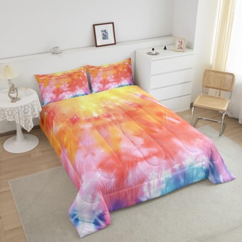 Girls Tie Dye Comforter Set with Pillowcase Trippy Bedding Boho Hippie Psychedelic Gypsy Down Comforter Twin Kids Bed Sets Soft Machine Washable Pastel Duvet Quilt Set, Orange Yellow Pink Purple Blue - Image 2