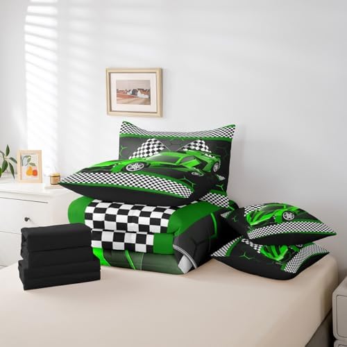 Feelyou Race Car King Comforter Set with Sheets for Kids Boys Black White Checkered Flag Print Bed in a Bag Extreme Sports Bedding Set 7 Piece Honeycomb Speed Sports Car Green Bed Set - Image 6