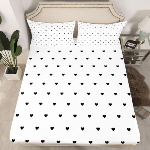 Erosebridal White Black Bed Sheets Cute Heart Pattern Sheet Set Girly Cartoon Love Geometric Bedding Set King Size with Deep Pocket Cute Fitted Sheet for Kids Girls Bedroom Decor Flat Sheet - Image 2