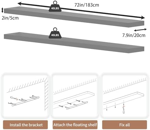 72 inch Long Floating Shelves for Wall,Solid Wood Long Shelves Set of 2,Grey Rustic Wall Mounted Shelves Large Bookshelf (Grey, 72 Inch) - Image 3