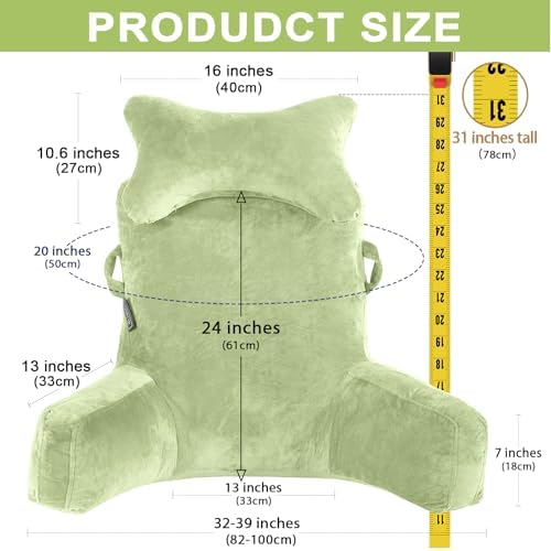 SLIGUY Reading Pillow-Bed Rest Pillow with Detachable Neck Roll & Higher Support Arm for Sitting in Bed Couch or Floor-Backrest Reading Pillow Adult Back Pillow for Reading/Watching TV/Gaming,Green - Image 2